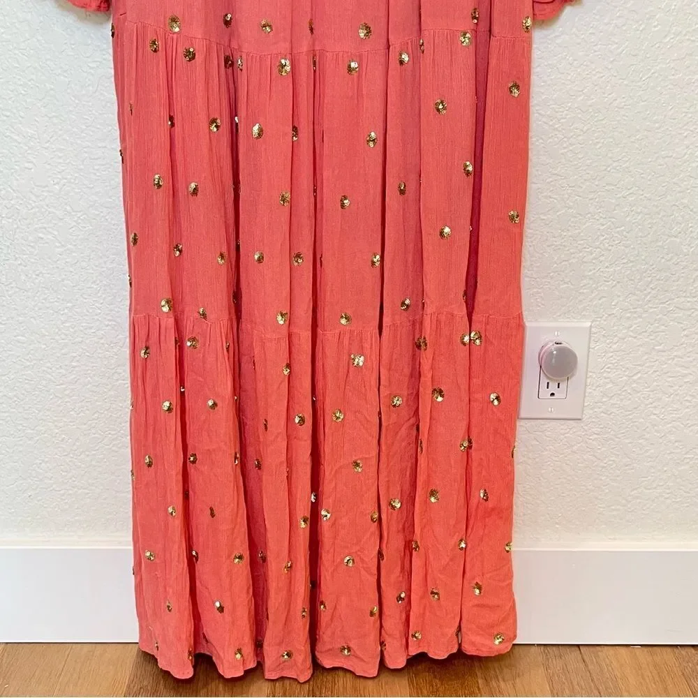 Sundress Neo Long Embellished Tiered Long Sleeve Maxi Dress in Coral size XS/S